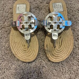Tory Burch Silver Logo Rope-Style Thong Sandals